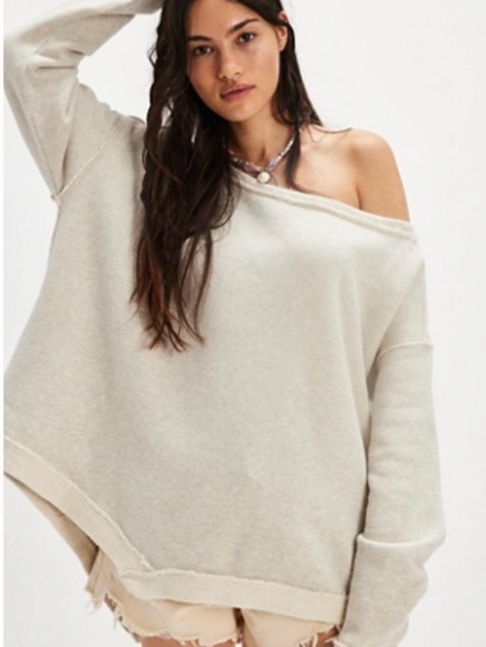 Free People Cream Off-Shoulder Oversized Sweatshirt